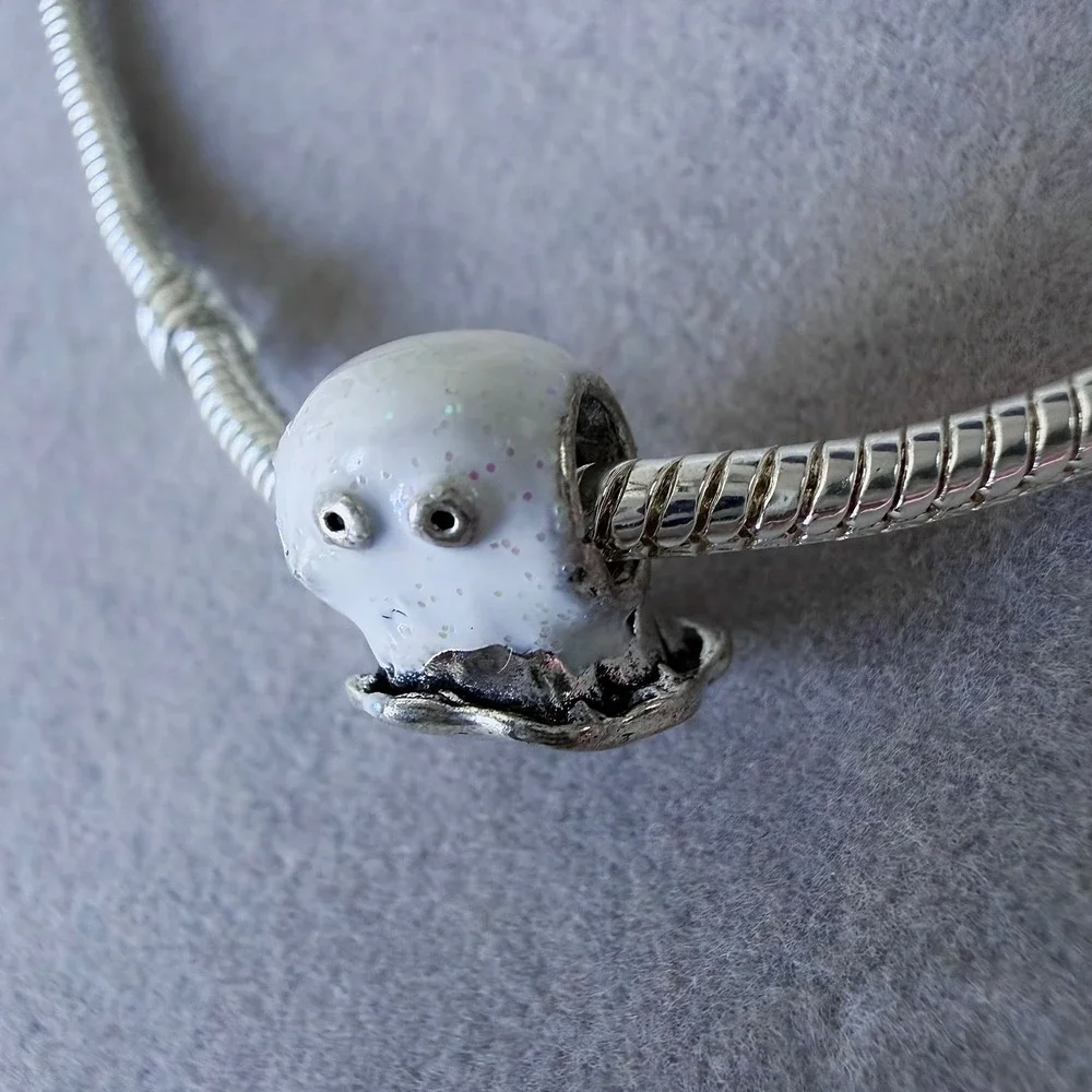 White Glitter Ghost Halloween‎ Heart Cutout Bead fits PANDORA